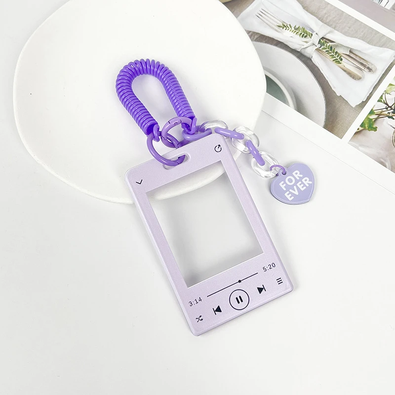 Cute Music Player Photocard Holder Kpop Photo Card Holder With Spring Coil Lanyard Heart Pendant Idol Card Display Bag Charm