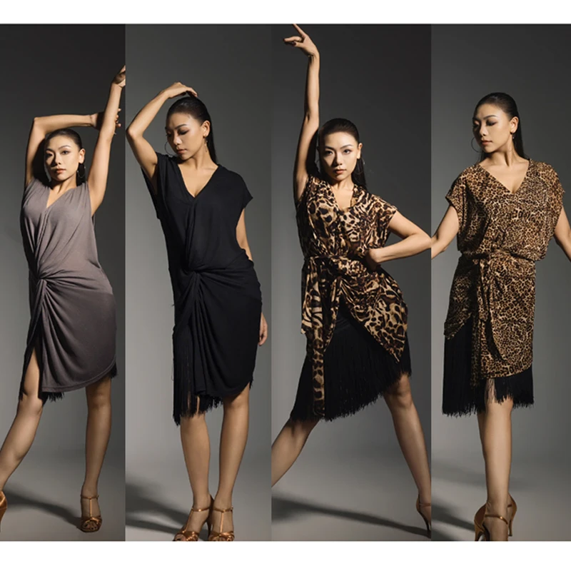 

2025 Свободная одежда для латинских танцев, женские летние топы для латинских танцев, топы с v-образным вырезом, нерегулярные леопардовые топы, одежда для танцев румбы, танго, DNV24332