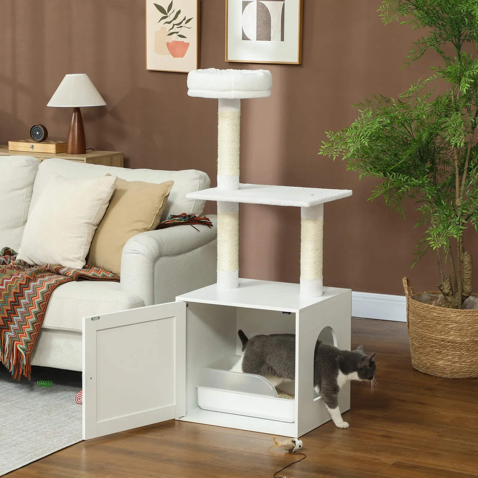 

Cat Tree with Litter Box Enclosure, 2-in-1 Cat Tower for Indoor Cats
