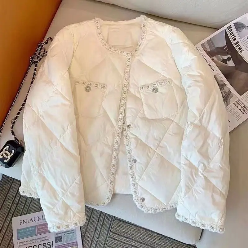 White Short Jacket For Women\'s Winter 2023 New Patchwork Round Neck Loose And Lightweight Cotton Jacket