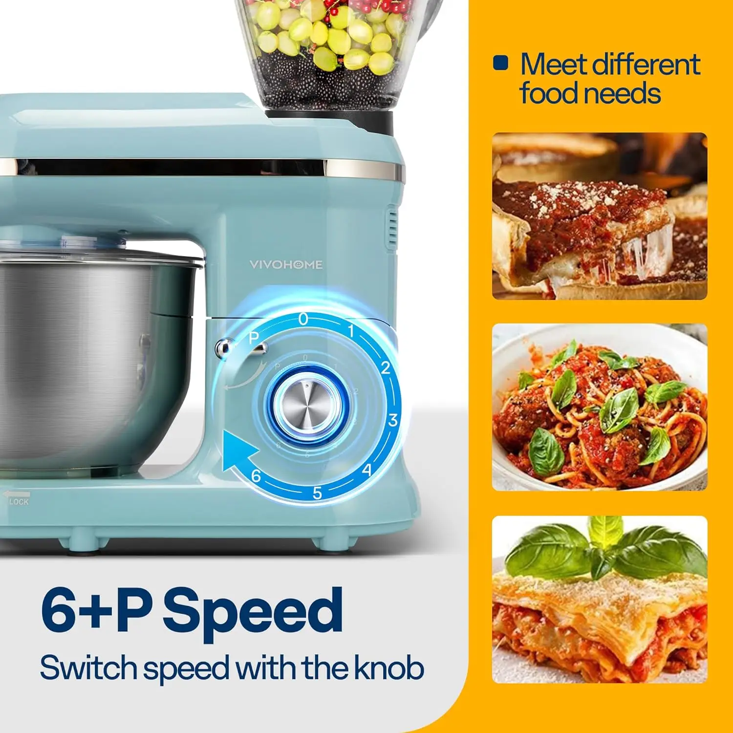 Robot da cucina multifunzionale 3 in 1 con ciotola in acciaio inossidabile da 6 litri, tritacarne con testa inclinabile a 6 velocità da 650 W, frullatore per succhi, blu