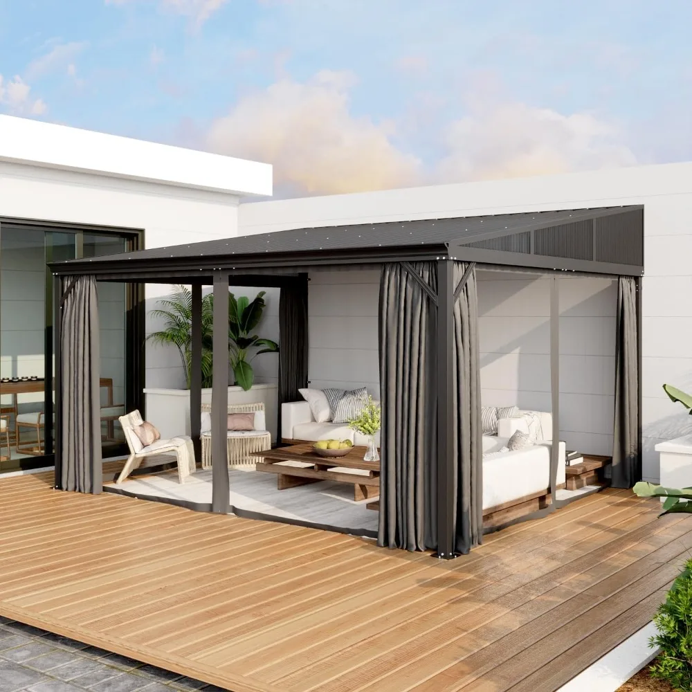 12x14 FT Wall Mounted Gazebo with Curtains & Netting, Hardtop Lean to Gazebo with Galvanized Iron Roof & Aluminum Frame