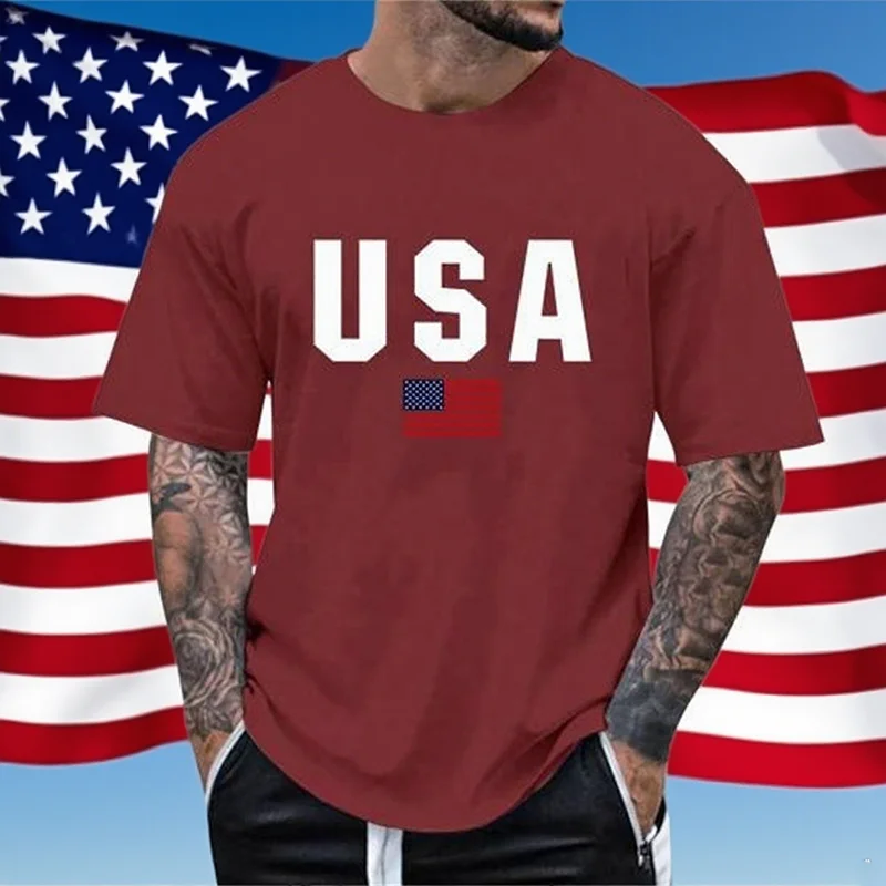 USA Flag Classic Solid T-shirt Men Street Casual Vintage Hip Hop Short Sleeve Loose Breathable T Shirts America Flag Graphic Top
