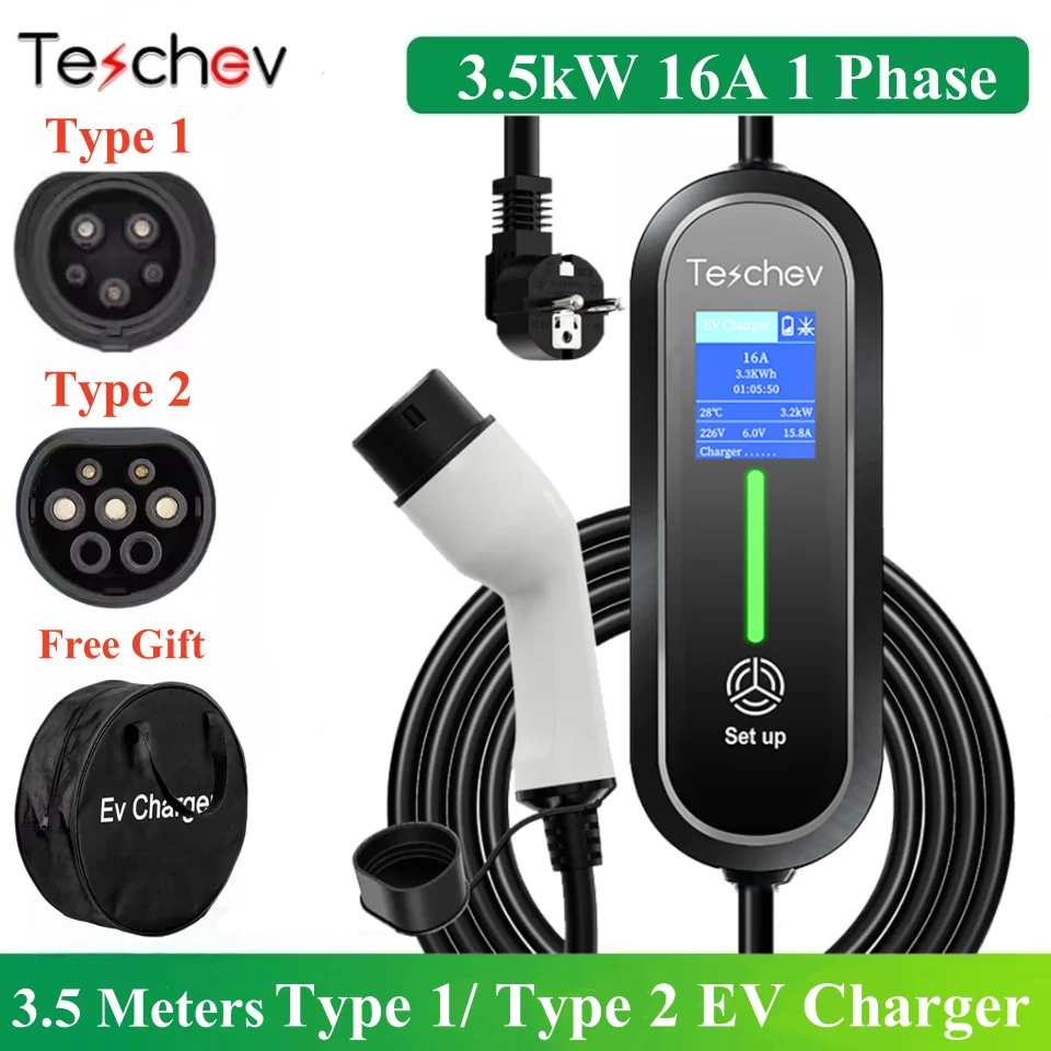 Boîtier de charge Teschev EV Type 2 Type 1 pour voiture électrique, réglable 8A 10A 13A 16A, câble de charge électrique pour voiture Mode 2