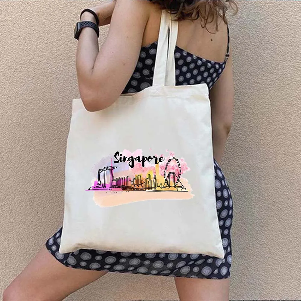 Coat of Arms Singapore Flag Map Asia Shophouse Heart Souvenir Trip Heart Watercolor Shopping Canvas Tote Bag Eco Shopper Handbag