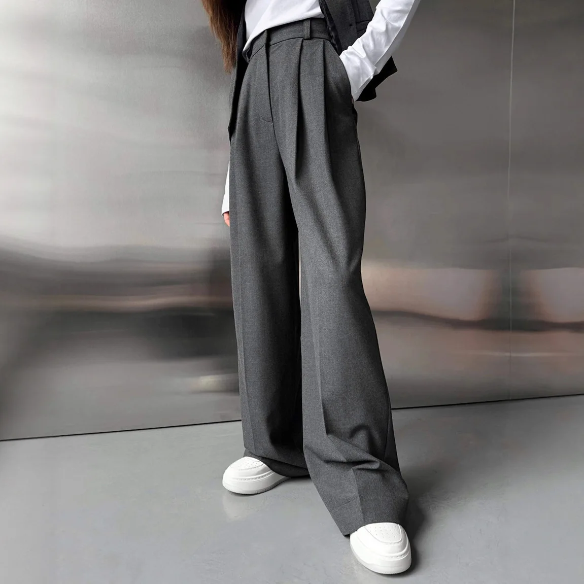 

Винтажные офисные брюки-палаццо с высокой талией для женщин, осень 2026, свободные, драпированные, повседневные, прямые, городская одежда