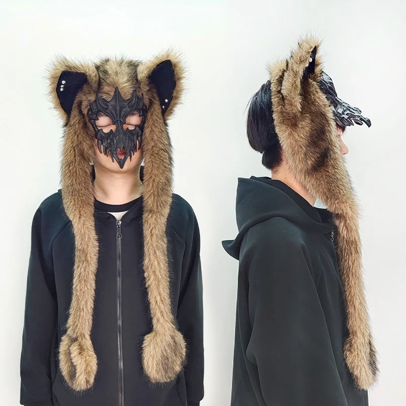 Handwork Medieval Tribal Lead Fluffy Mask Hat Wolf Clan Warrior Animal Beast Facepiece Dark Gothic Fursuit Cosplay Props