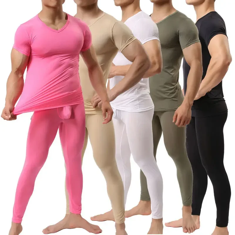 2pcs/set Fashion Underwear Men Long Johns Set Elastic Ultra-thin Silk Translucent Pajamas Set Tops+Leggings