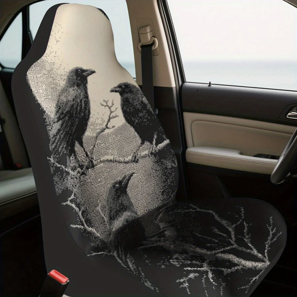 2pcs, Raven Moon Pattern Car Seat Covers, Easy To Install And Washable, Compatible With Most Sedan And SUV Front Seats, Perfect