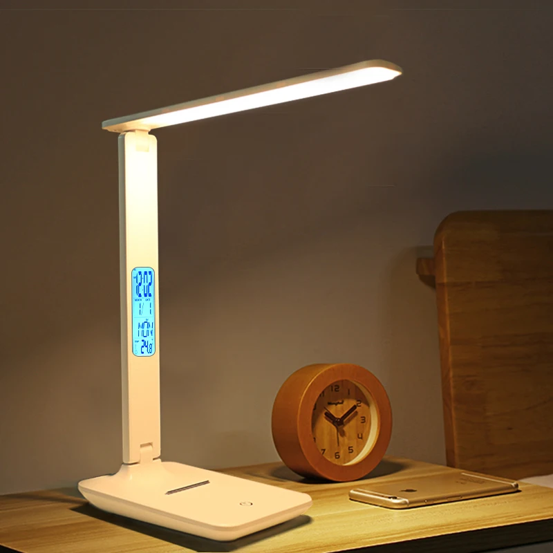 

2022uwe Moderne Zakelijke Led Bureau Lamp Touch Dimbare Opvouwbaar Met Kalender Temperatuur Wekker Tafel Leeslamp