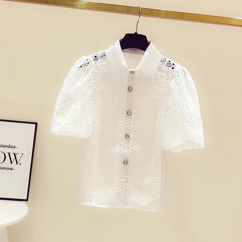 Neploe Elegant Vintage Lace White Shirts Women Summer Puff Sleeve Hollow Out Blouses Y2k Lapel Neck Diamond Blusas Mujer