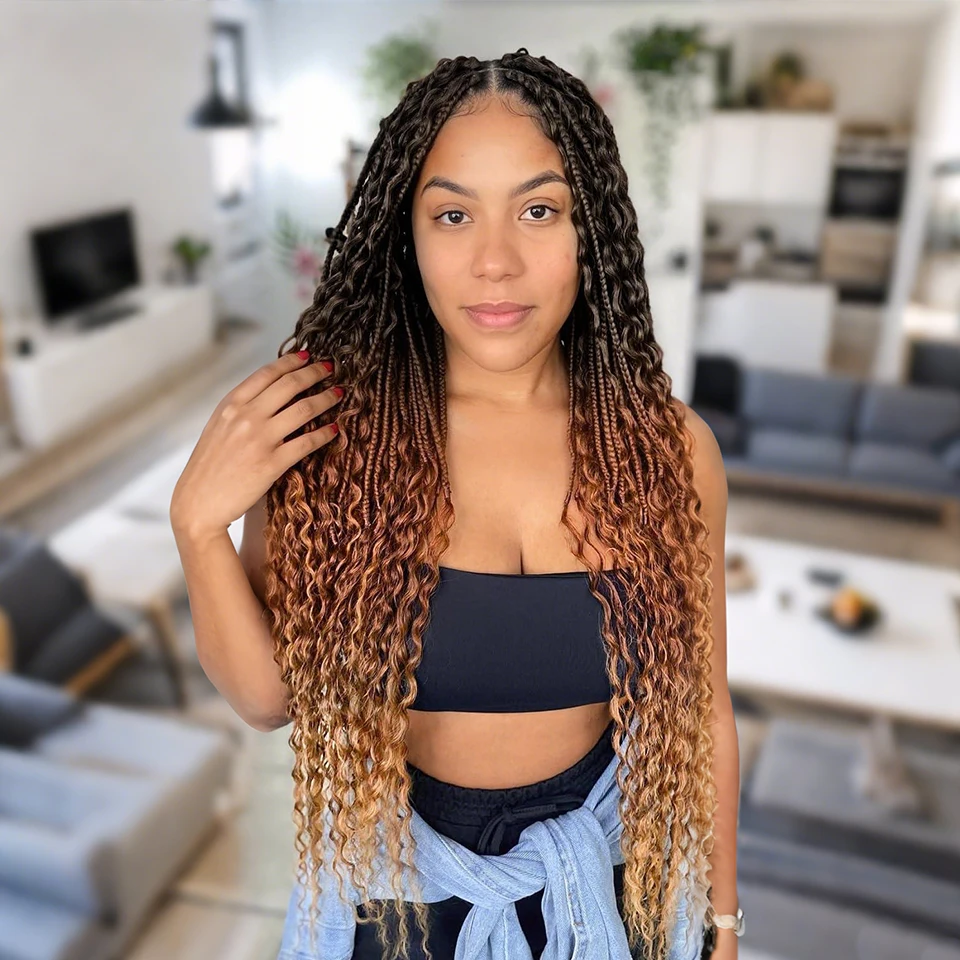 

Donghou Box Braids Crochet Hair 24”18”14”Goddess Box Braid Crochet Hair With Curly End Ombre Bohemian Box Braids Crochet Braids