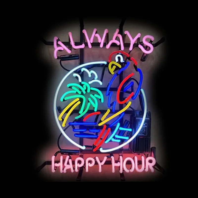 

Neon Sign Happy Hour Always Palm Tree Handmade Glass Neon Tube Beer Pub Club Restaurant Wall Decor Man Cave Window Party Indoor