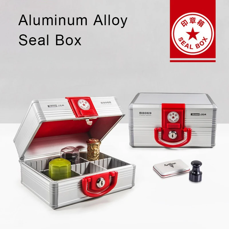 

Aluminum Alloy Metal Seal Safe Storage Box with Key Lock, Portable 9-compartment Financial Box, Office Seal Storage
