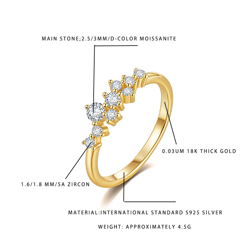 

Кольцо с муассанитом цвета D, серебро S925, позолота 18K, романтический подарок для предложения руки и сердца