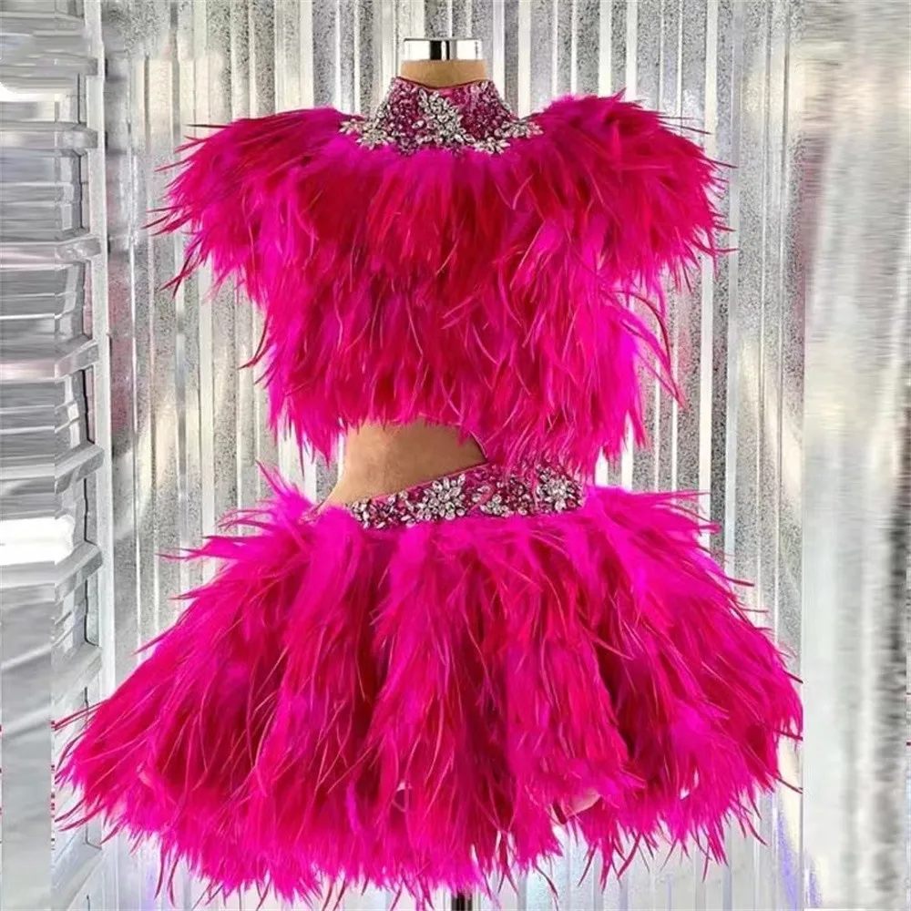 Fuchsia Cocktail Dresses Sheath Short Mini Feather Beaded Party Homecoming Dresses Black Girl