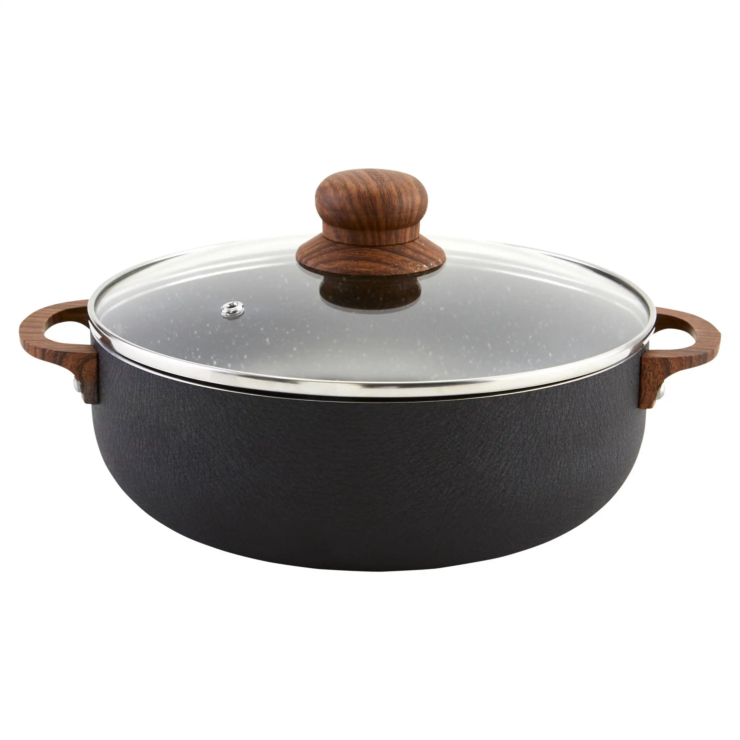 

13.5 Quart Aluminum Black Stone Nonstick Caldero with Glass Lid & Woodlook Handles
