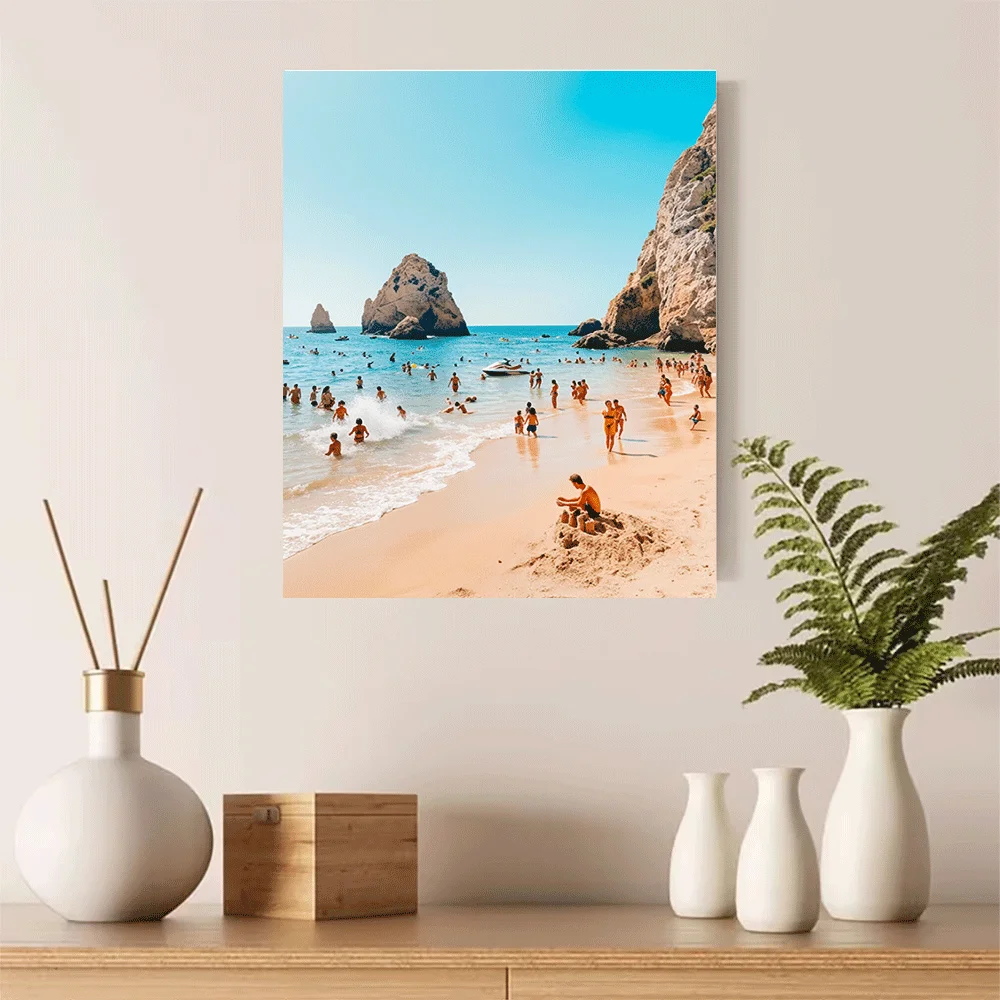 1PC-Unframed Canvas poster wall decoration Beach Scene Summer Ocean View Swimming Sandcastle Rock Formation Clear Sky