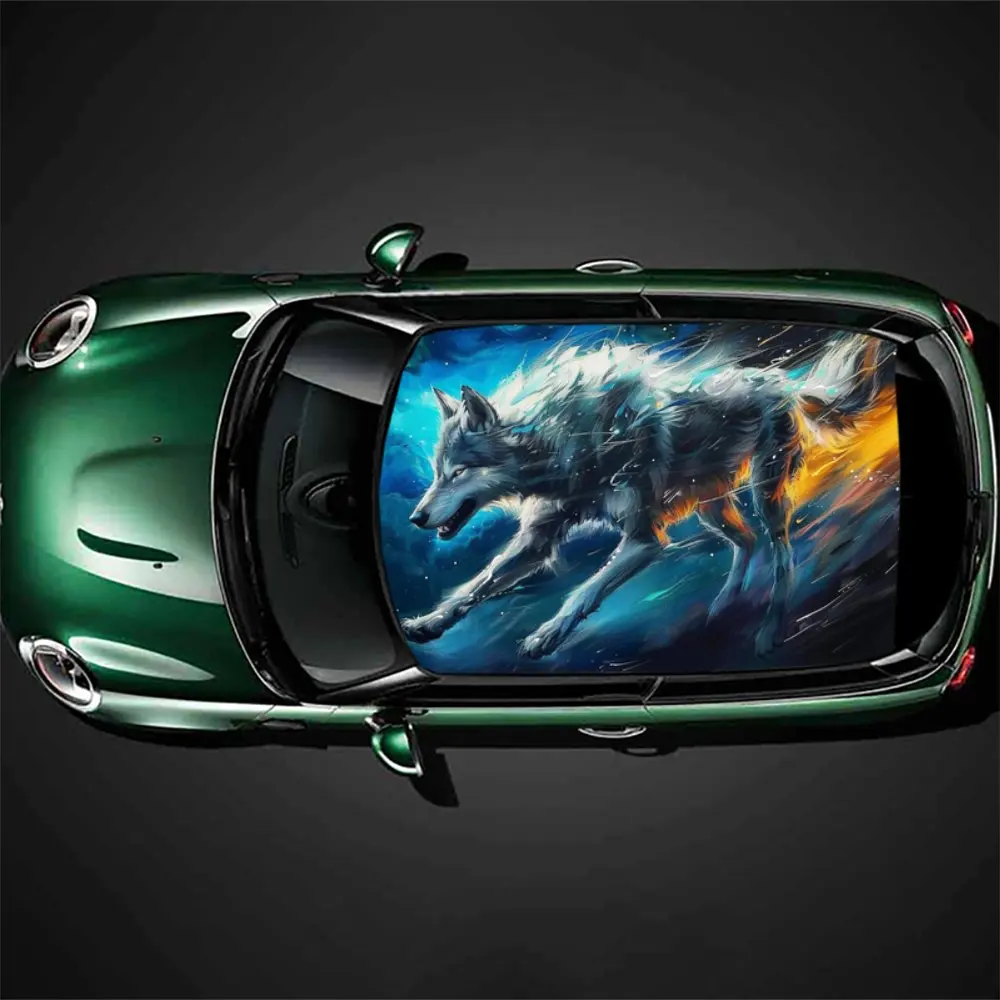 

Running Starry Sky Lightning Wolf Car Roof Sticker Wrap Racing SUV Auto Accessories Packaging PVC Car Hood Graphic Decal Decor