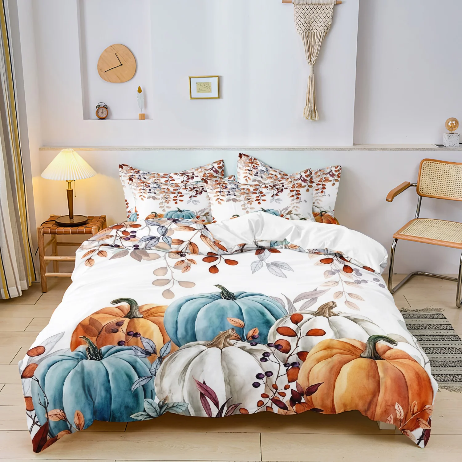 3Pcs Multi‑Color Pumpkin Autumn Leaves Berry Print Duvet Cover Set, Fall Harvest Bedding, Farmhouse Thanksgiving Bedroom Decor