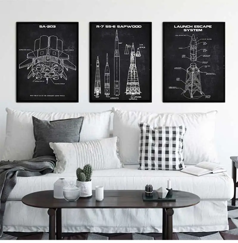 Vintage Rocket Blueprint Saturn IB Space Shuttle Science Poster Canvas Painting Wall Art Pictures Home Living Room Decor