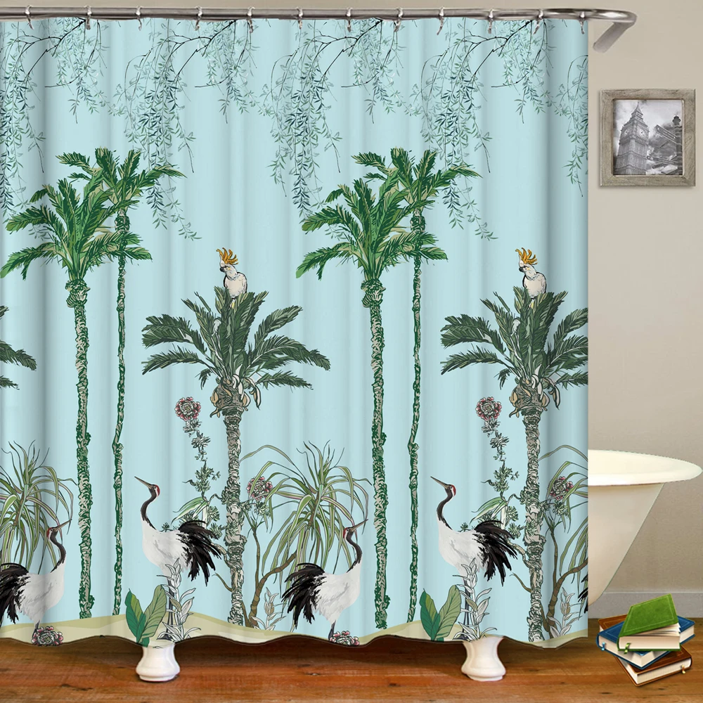 Chinese waterproof flower and bird tree printing pattern shower curtain bathroom decoration    with hook