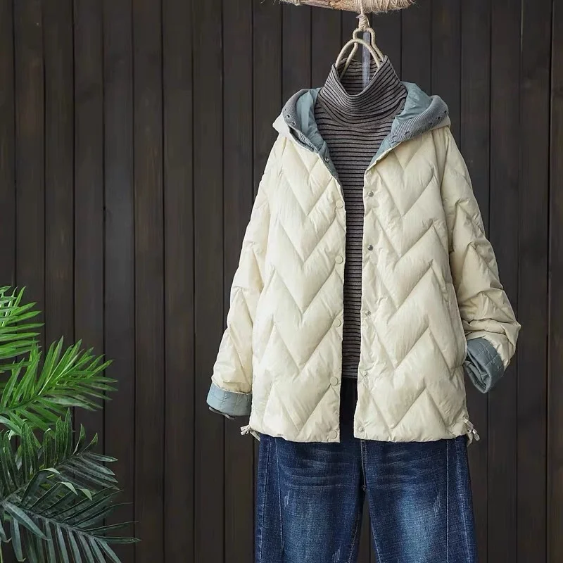 Winter Knitted Patchwork Hooded Down Coat Women Warm Thick White Duck Down Jacket Parkas Ladies Single Breasted Short Outwears