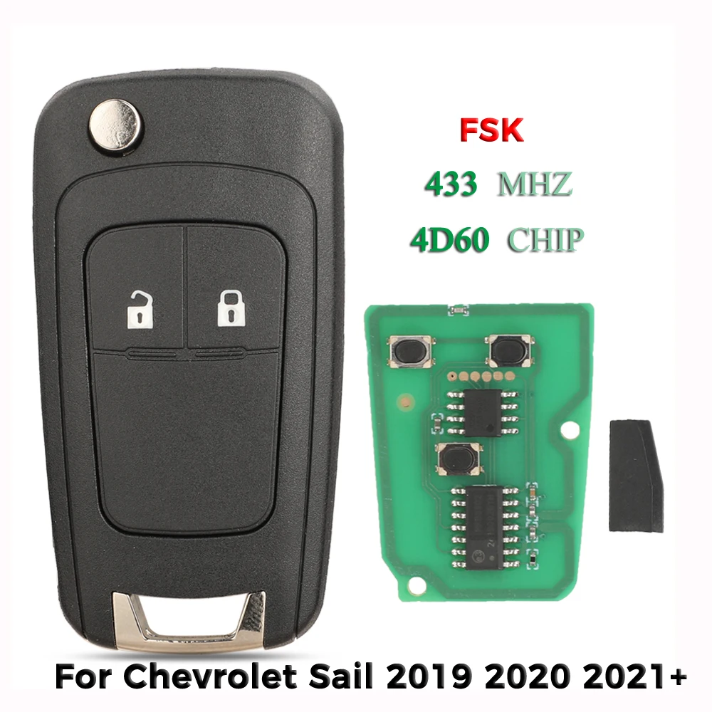 

jingyuqin 433MHz 4D60 FSK 2 Buttons Flip Remote Car Key For Chevrolet Sail 2019 2020 2021+ Car Remote Flip Key Control Fob