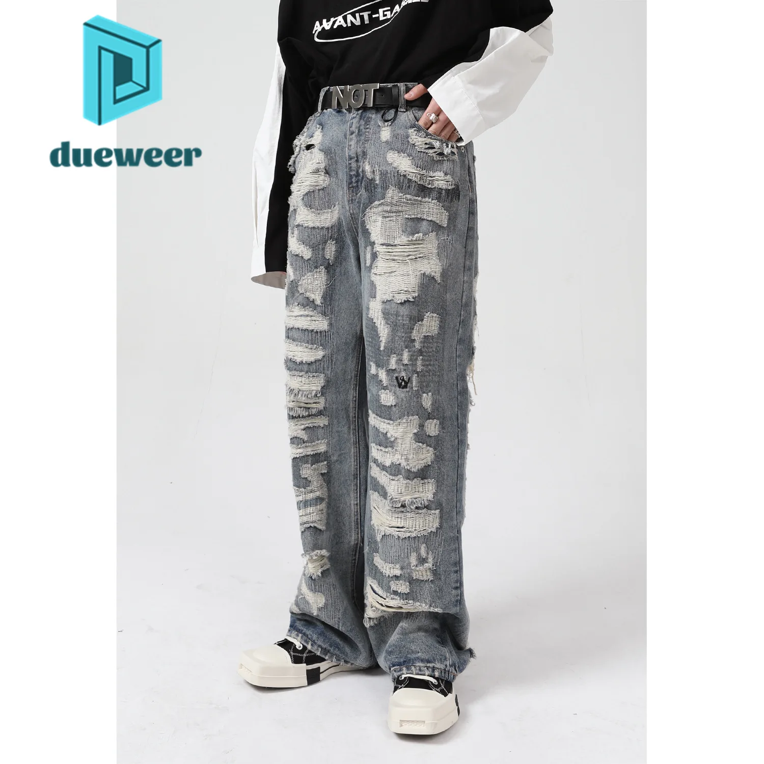 

DUEWEER Mens Summer Ripped Frayed Straight Jeans Baggy Distressed Scratch Hole Denim Pants Hip Hop Casual Trousers Streetwear