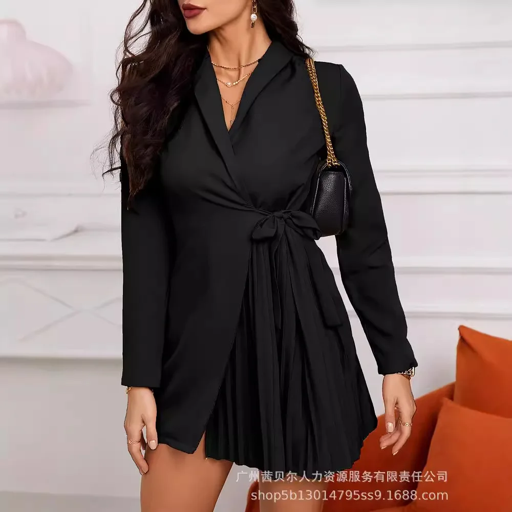 Mandylandy Khaki Suit Dress Women Long Sleeve Pleated Black Suits Dress High Waist Summer Elegants Office Lady Wear A-line Dress