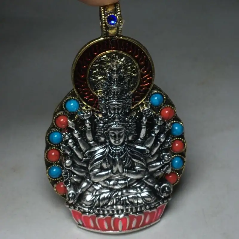 

Exquisite Old Chinese Copper Inlay Gem Handmade Guanyin Buddha Pendant