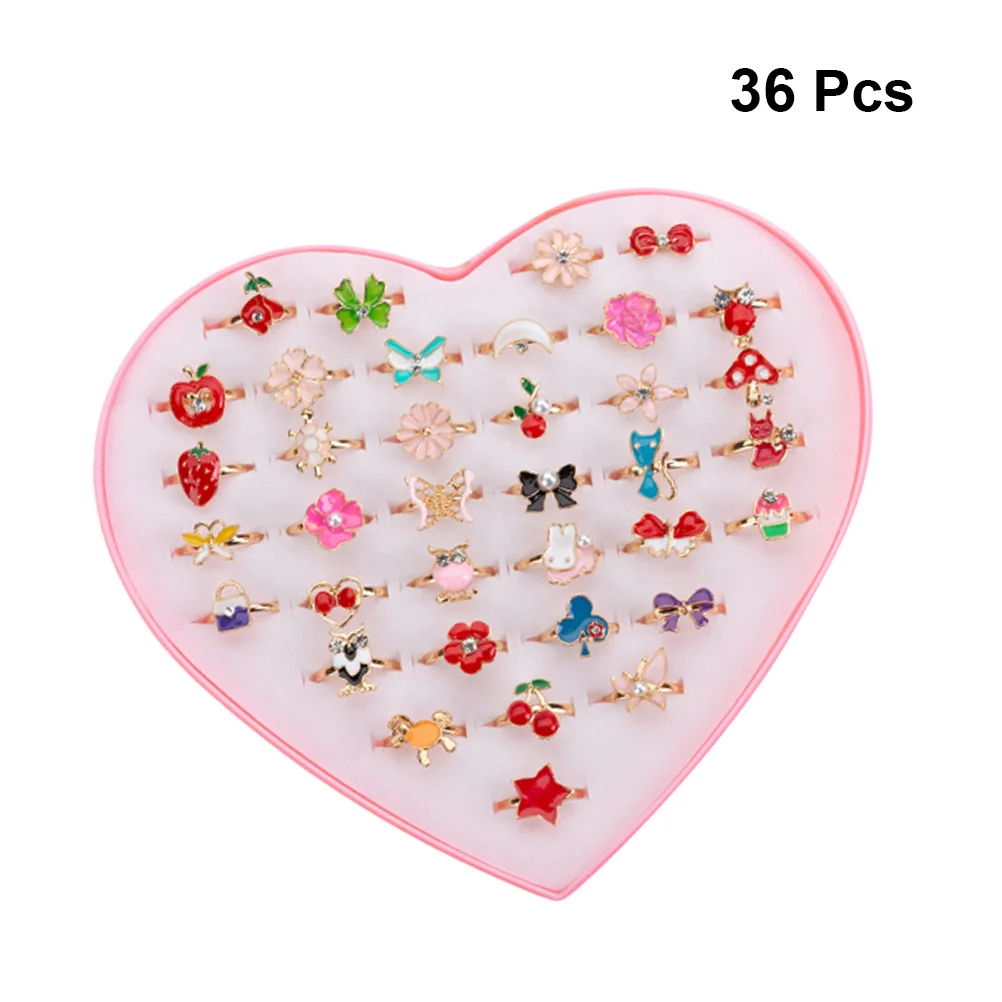 

36Pcs Cartoon Kids Rings Finger Ring Girls Jewelry Toys Party Supplies for Kids Girls Mixed Style and Colors Pink