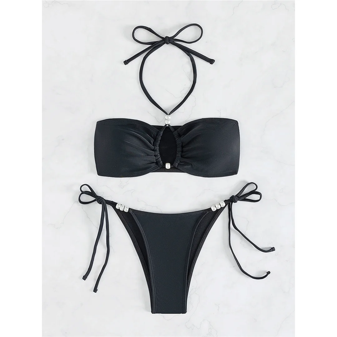 S - XL, Bikini mit Ausschnitten und Neckholder-Ausschnitt, Damen-Badeanzug, zweiteiliges Bikini-Set, hoch geschnittene Beine, Badebekleidung, Badeanzug, Modell V8207. – Detail 4