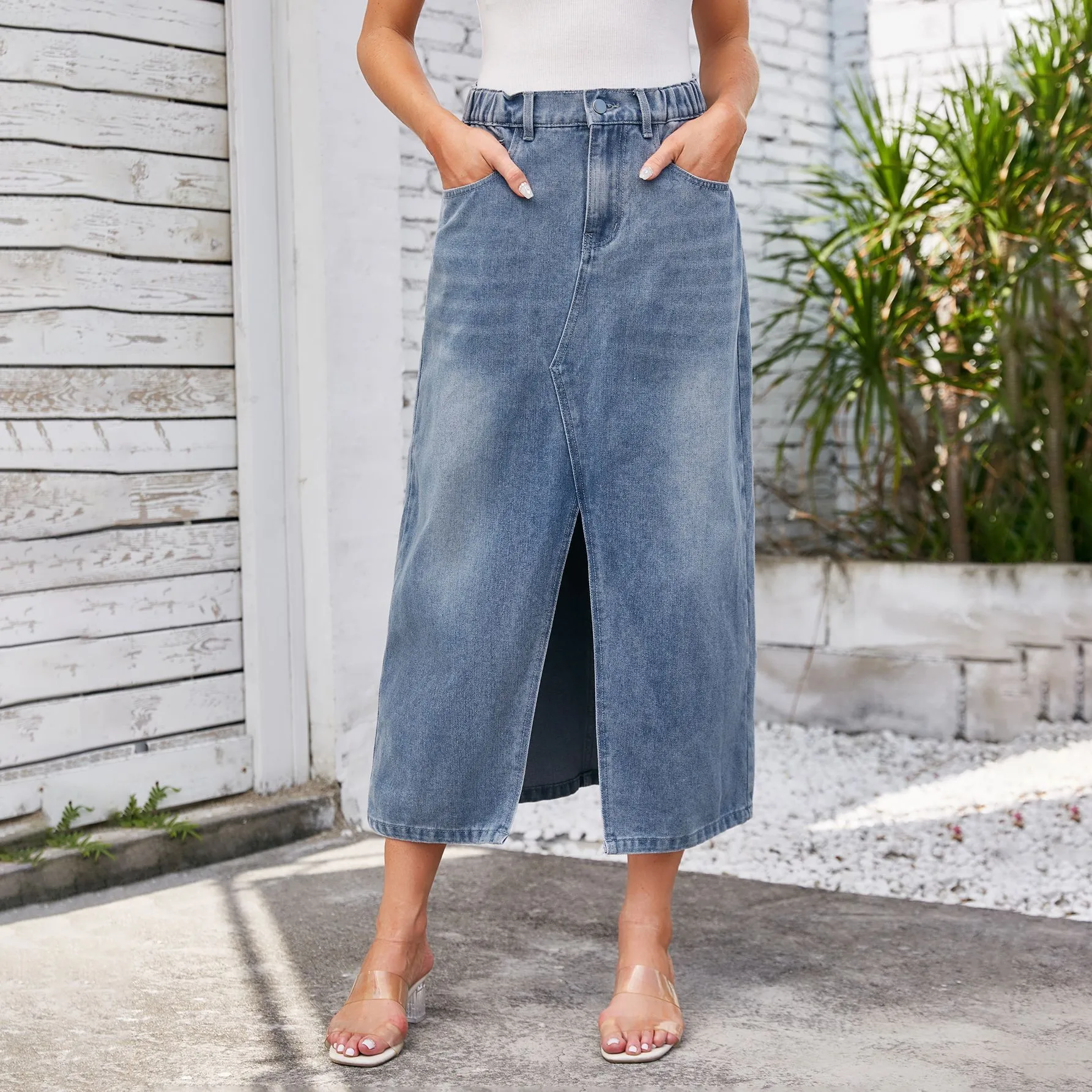 

Spring Summer Women's Clothing Washed Denim Mid Long Skirt With Elastic Waist And Side Slit Streetwear Casual Female