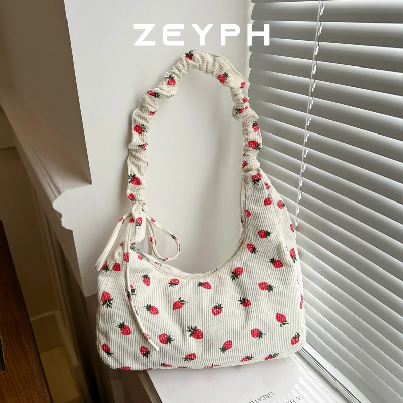 

Zeyph Women Underarm Bag Corduroy Handbag Cute Strawberry Print Little Tote Half Moon Design Eco Cloth Purse Mini Shoulder Bags