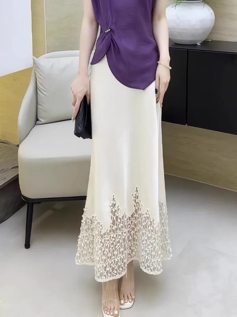 

New Fashion Design Sense Summer Skirt Women Elegant Splicing Satin Lace High Waist Solid Color Fishtail Skirts Party Jupe