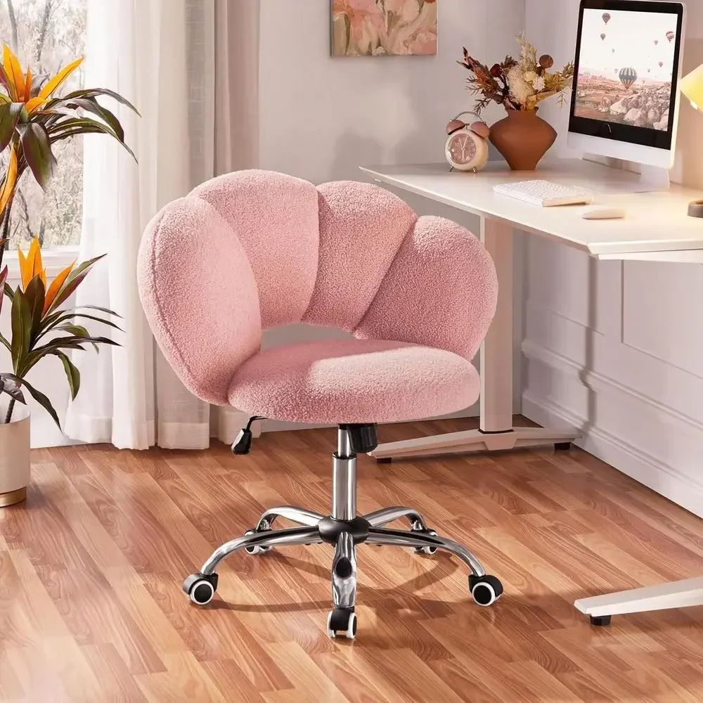 Cloud-Shaped Upholstered Desk Chair with Adjustable Height and Wheels, Suitable for Home Office or Living Spaces in Pink