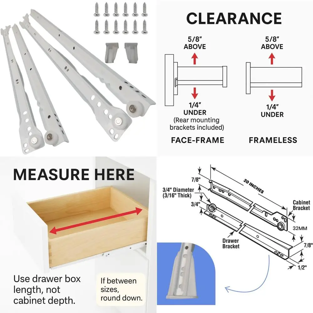 

Лицевая рама и безрамные направляющие для шкафа, 20-дюймовый европейский стиль, 10 шт., грузоподъемность 75 фунтов, холоднокатаная сталь, с порошковым покрытием