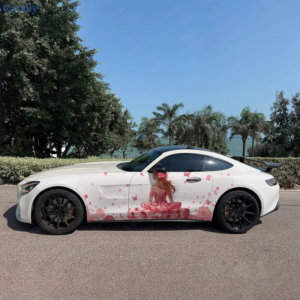 

Наклейка на боковую часть автомобиля с рисунком «Цветочная девочка и летящие розовые бабочки», самоклеящаяся, из ПВХ, водонепроницаемая и устойчивая к царапинам, аксессуар для автомобиля, подарок