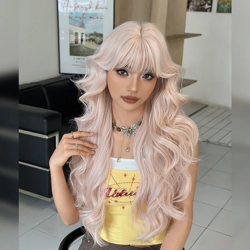 

Женский длинный волнистый парик из светло-розового синтетического волокна, имитирующий натуральные волосы, с полной шапкой, новинка для трансграничной торговли, термостойкий, из шелковистого материала.