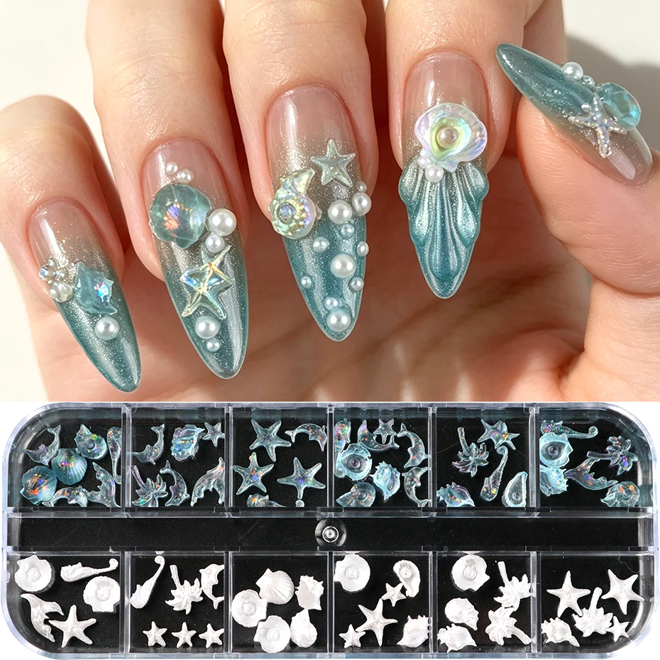 12-teiliges Set Seestern Muschel Nagelcharms Weißer Delfin Seepferdchen Palme Harz 3D Nagelkunst Dekorationen Sommer Maniküre Zubehör