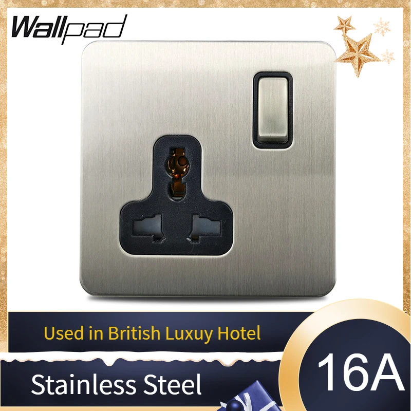 Wallpad Brushed Chrome Stainless Steel Panel UK Standard Electric Outlet 16A Universal MF Wall Power Socket