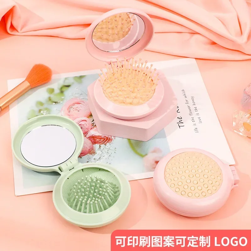 Foldable Air Cushion Comb with Mirror Compact & Portable Travel Mini  Massage Hair Brush for Women Student Girl Round Cute