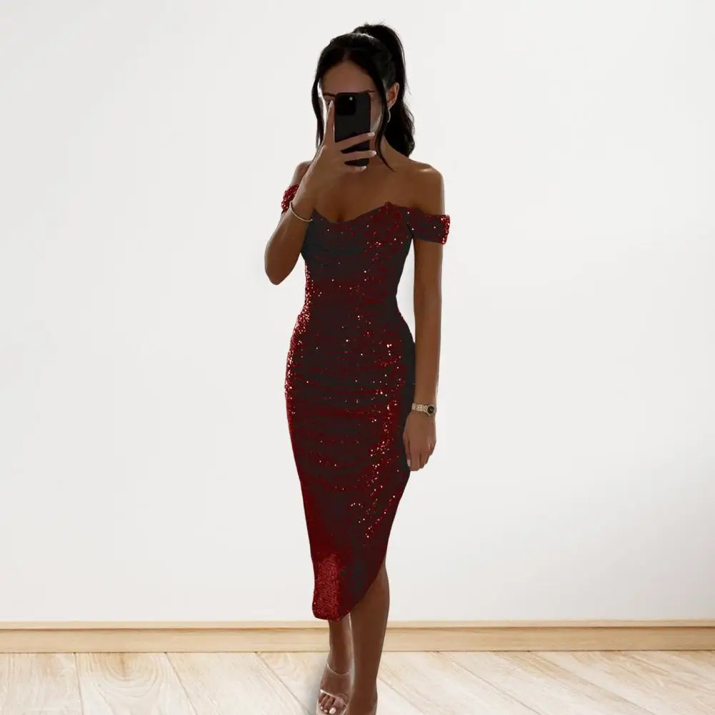 Sequined Evening Gown Elegant Sequin Off Shoulder Evening Dress for Prom Wedding Party Slim Fit Midi Dress with Irregular Hem