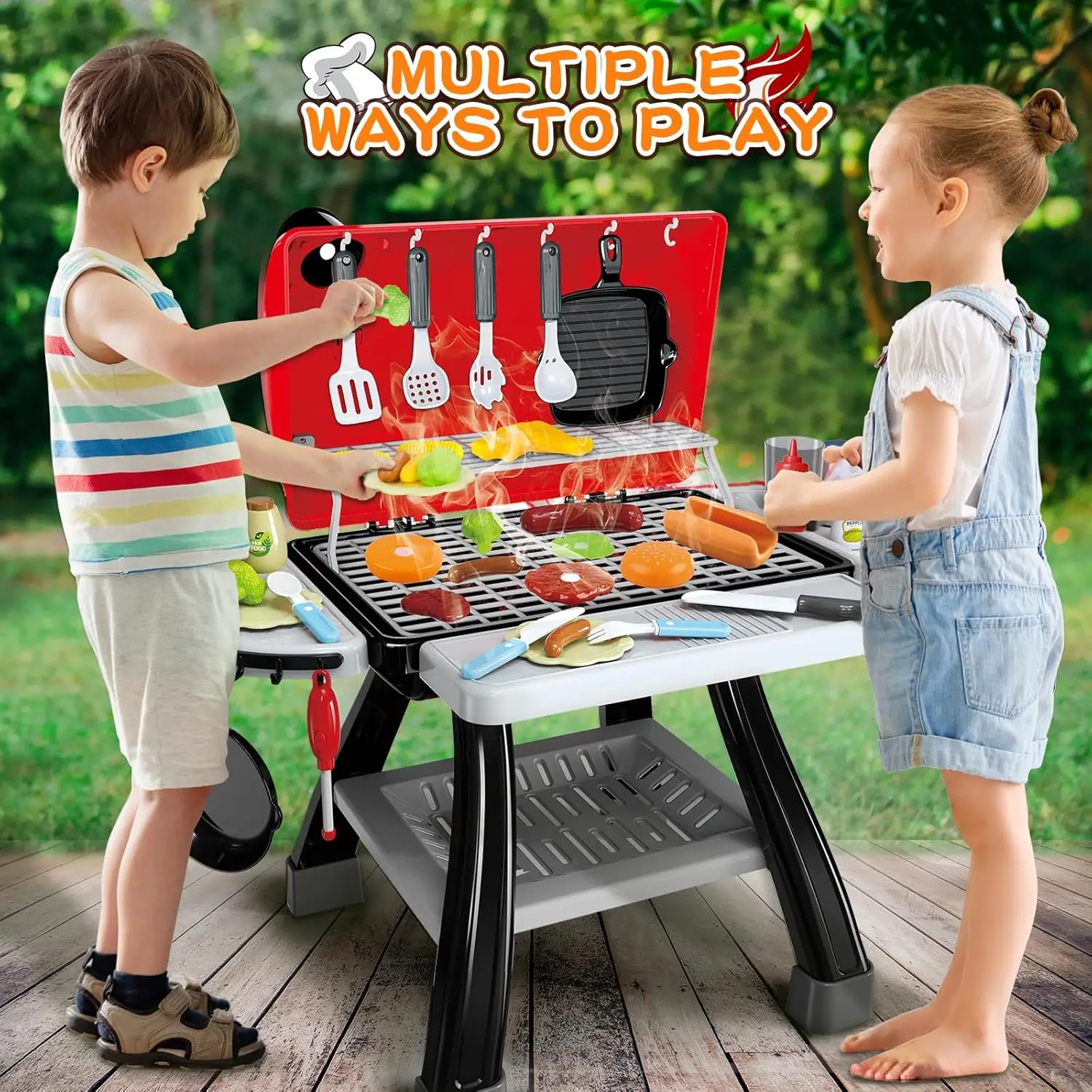 Ensemble de jeu de cuisine barbecue grill pour enfants, fumée, son et lumière, semblant de jouer, jouets alimentaires, ensemble de cuisine, jouet d'extérieur à 2 couches