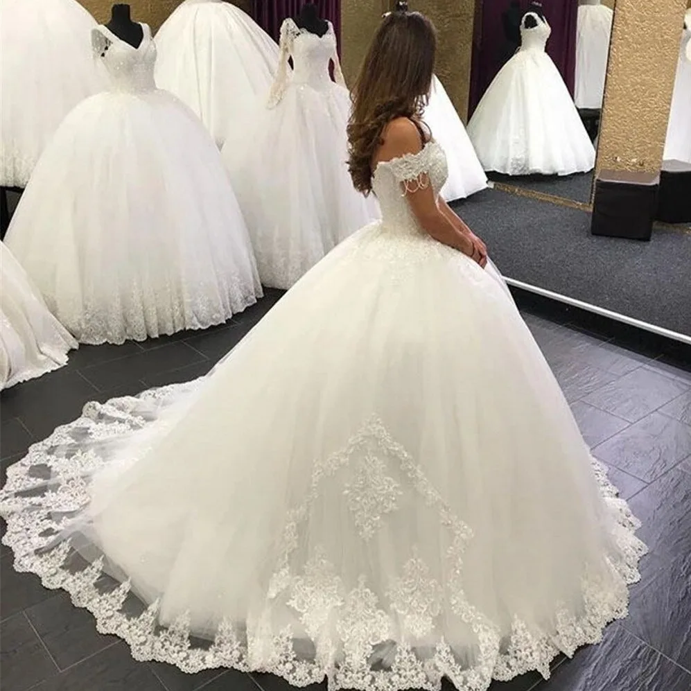 تخصيص العربية Aso Ebi Ballgown فستان الزفاف Vestido De Noiva قبالة الكتف الدانتيل يزين منتفخ تنورة فستان زفاف