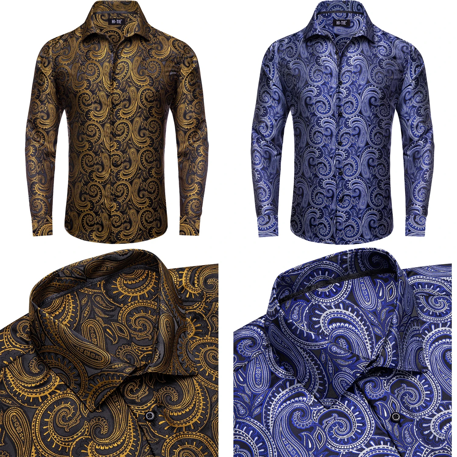 Hi-Tie Paisley Jacquard Golden Blue Mens Shirts Long Sleeve Dress Shirt Blouse for Male Wedding Gift Party High Quality