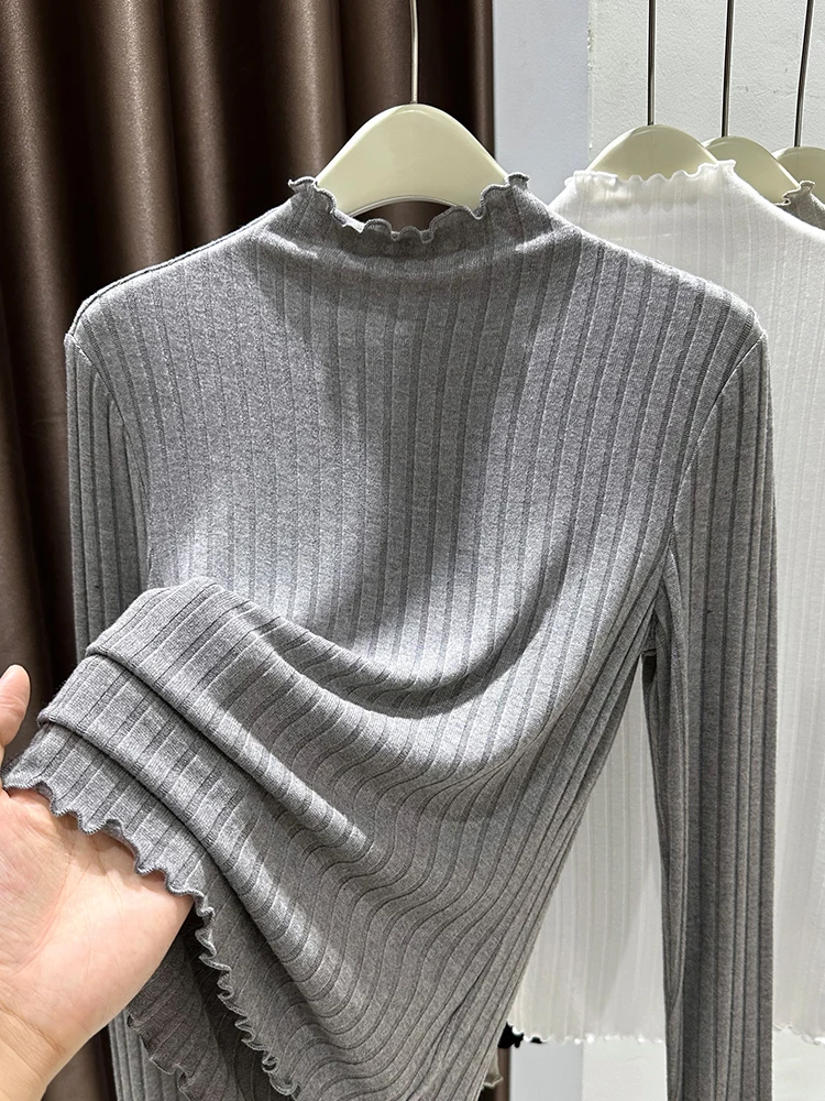 

ay Knitted f High Collar Long Sve Base irt Women Spring Thin Layered Wear Earlet Lace Trim Slim Fit Korean Sle