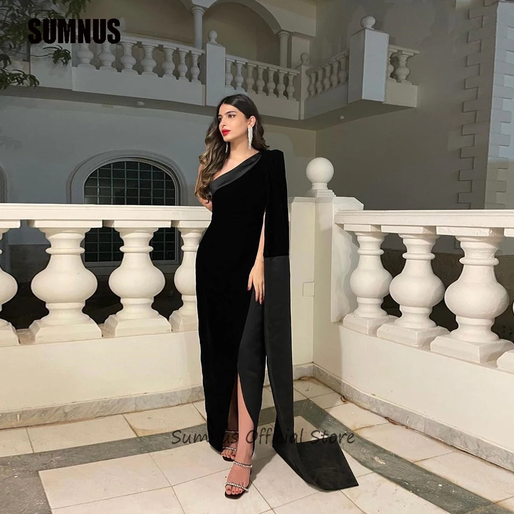 SUMNUS Simple Black Velvet Evening Dresses Dubai Arabic One Shoulder Split Cape Sleeve Ankle-Length Prom Gowns Women Customized