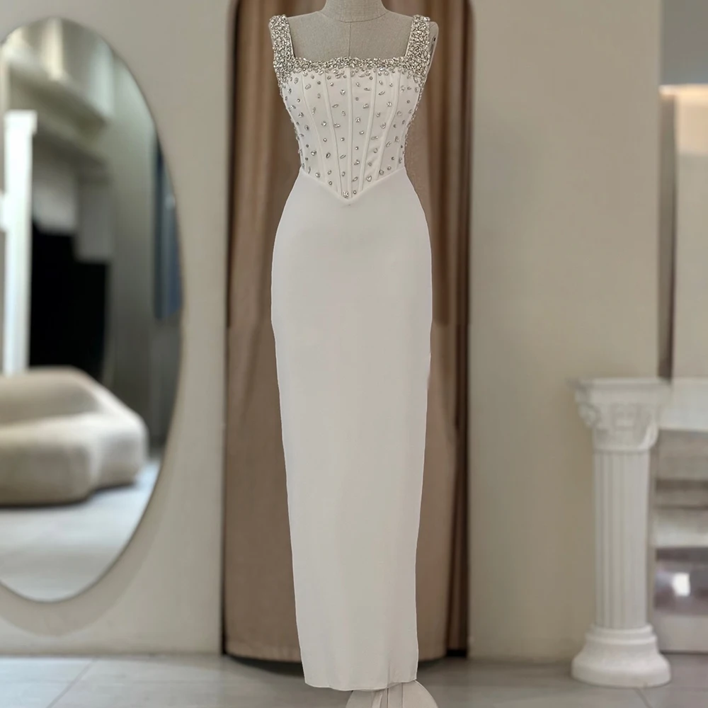 Customized Straight Evening Dresses Floor-length Square Collar Sleeveless Prom Gown Simple Fashion Crystal Backless Party Gown